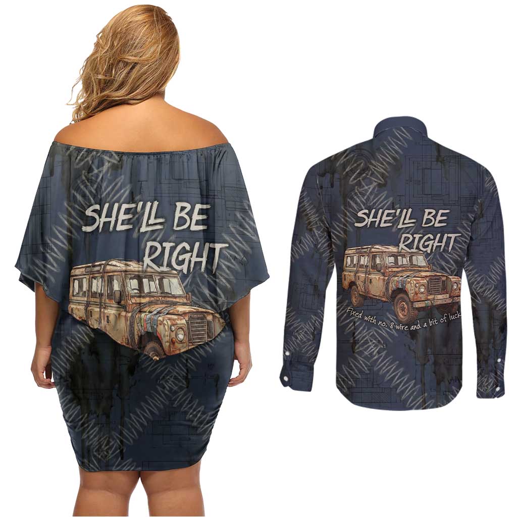 New Zealand She’ll Be Right Couples Matching Off Shoulder Short Dress and Long Sleeve Button Shirt NZ Slang No. 8 Wire Map Pattern TS04 - Polynesian Pride