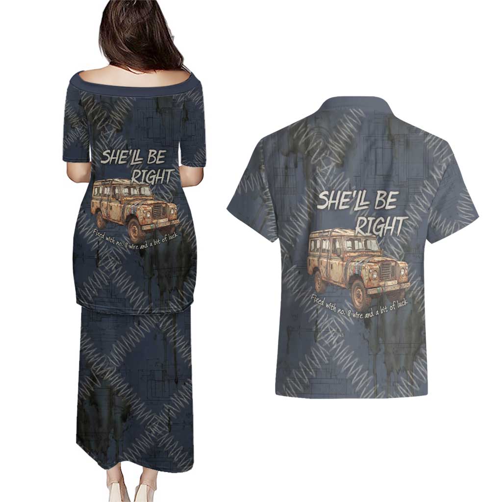 New Zealand She’ll Be Right Couples Matching Puletasi and Hawaiian Shirt NZ Slang No. 8 Wire Map Pattern TS04 - Polynesian Pride