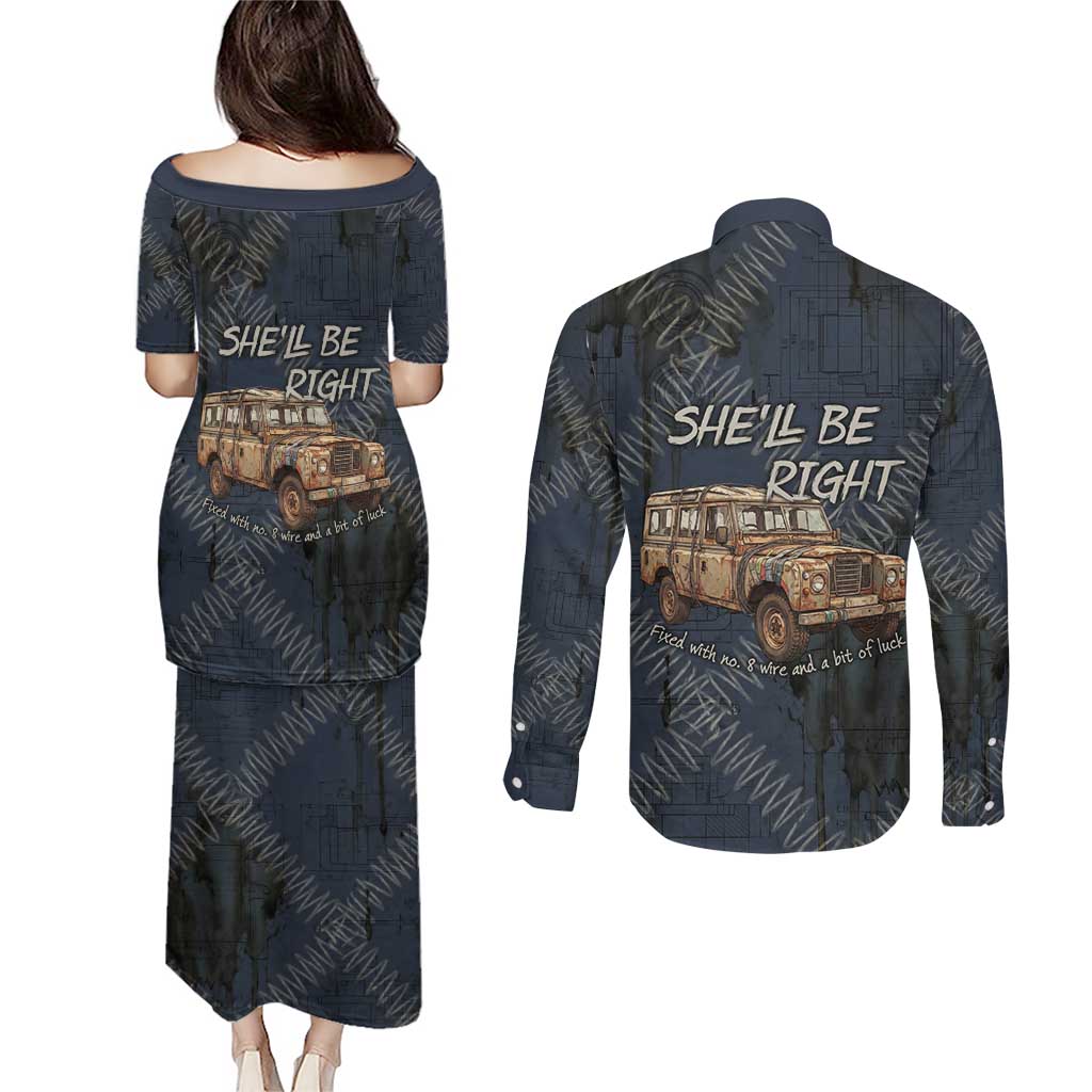 New Zealand She’ll Be Right Couples Matching Puletasi and Long Sleeve Button Shirt NZ Slang No. 8 Wire Map Pattern TS04 - Polynesian Pride