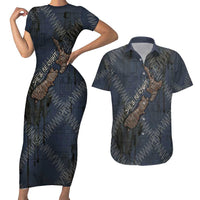 New Zealand She’ll Be Right Couples Matching Short Sleeve Bodycon Dress and Hawaiian Shirt NZ Slang No. 8 Wire Map Pattern TS04 Navy Slate - Polynesian Pride