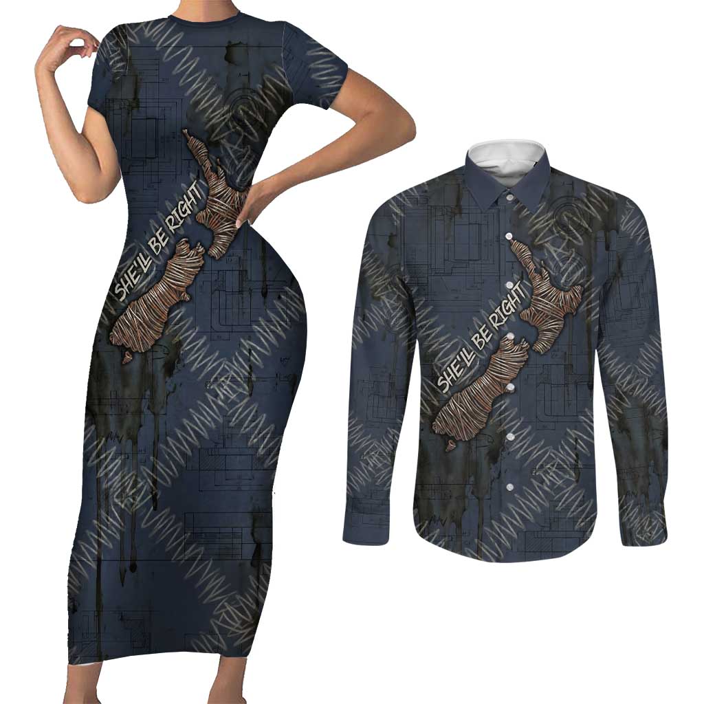 New Zealand She’ll Be Right Couples Matching Short Sleeve Bodycon Dress and Long Sleeve Button Shirt NZ Slang No. 8 Wire Map Pattern TS04 Navy Slate - Polynesian Pride