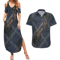 New Zealand She’ll Be Right Couples Matching Summer Maxi Dress and Hawaiian Shirt NZ Slang No. 8 Wire Map Pattern TS04 Navy Slate - Polynesian Pride