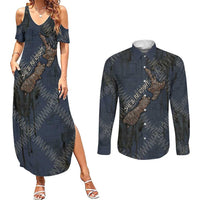 New Zealand She’ll Be Right Couples Matching Summer Maxi Dress and Long Sleeve Button Shirt NZ Slang No. 8 Wire Map Pattern TS04 Navy Slate - Polynesian Pride