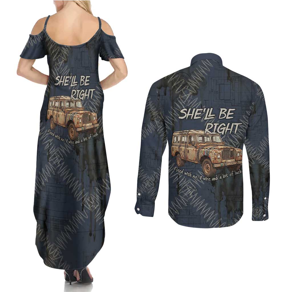 New Zealand She’ll Be Right Couples Matching Summer Maxi Dress and Long Sleeve Button Shirt NZ Slang No. 8 Wire Map Pattern TS04 - Polynesian Pride