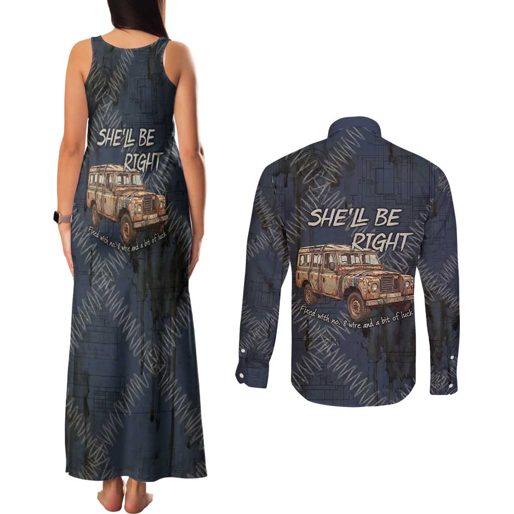 New Zealand She’ll Be Right Couples Matching Tank Maxi Dress and Long Sleeve Button Shirt NZ Slang No. 8 Wire Map Pattern TS04 - Polynesian Pride