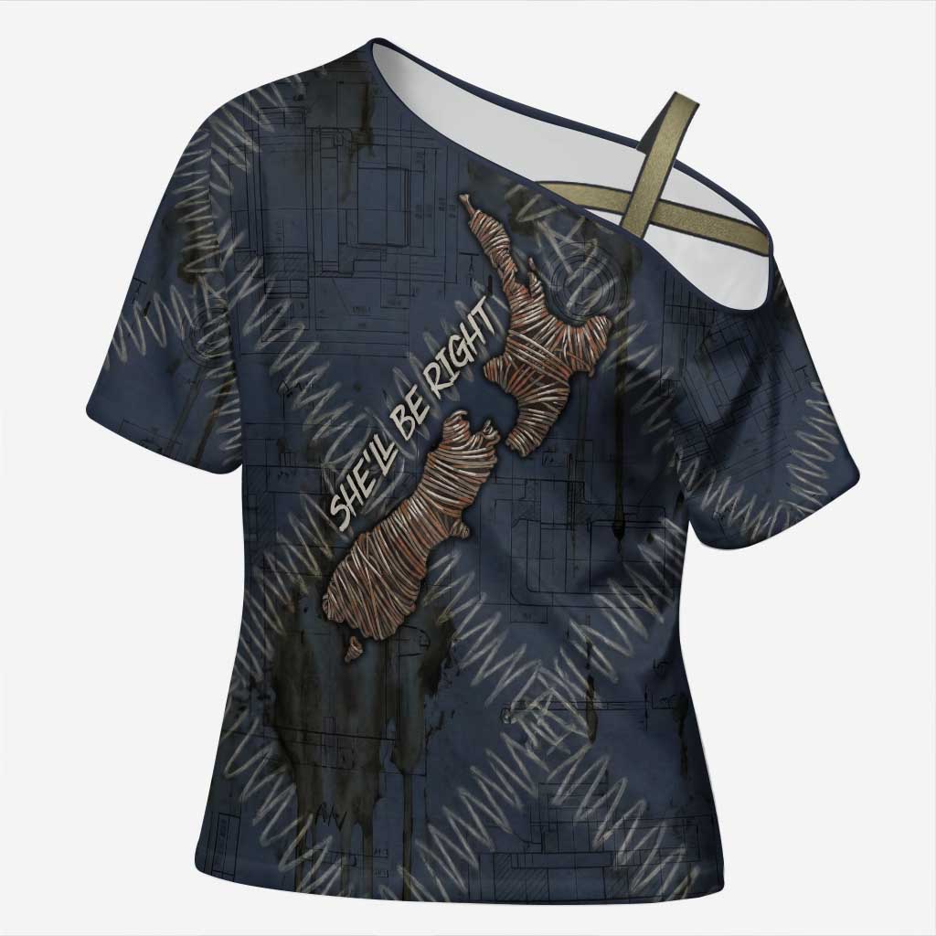 New Zealand She’ll Be Right Cross Shoulder Shirt NZ Slang No. 8 Wire Map Pattern TS04 Female Navy Slate - Polynesian Pride