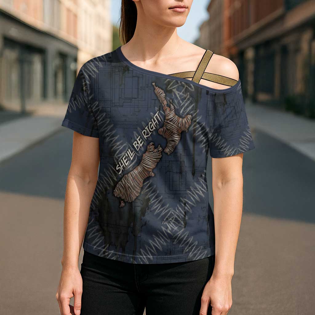 New Zealand She’ll Be Right Cross Shoulder Shirt NZ Slang No. 8 Wire Map Pattern TS04 - Polynesian Pride