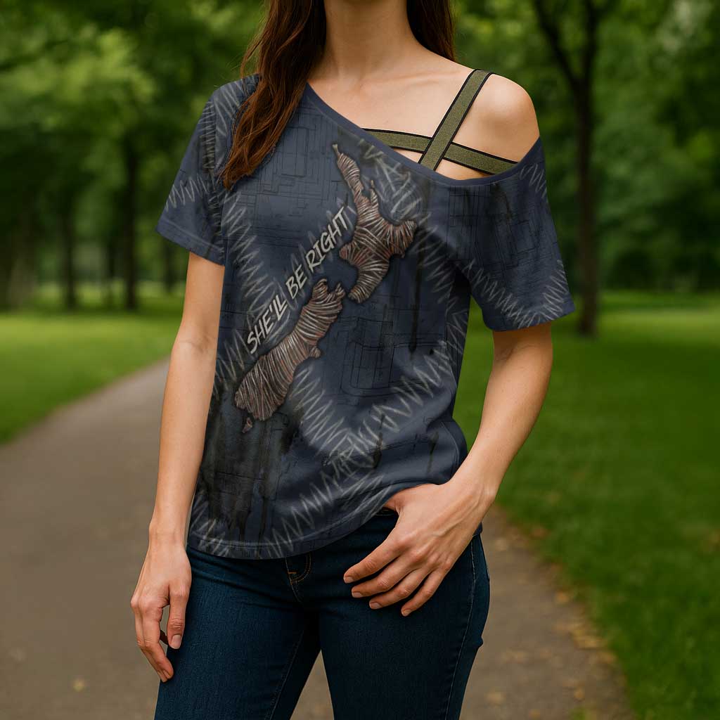 New Zealand She’ll Be Right Cross Shoulder Shirt NZ Slang No. 8 Wire Map Pattern TS04 - Polynesian Pride