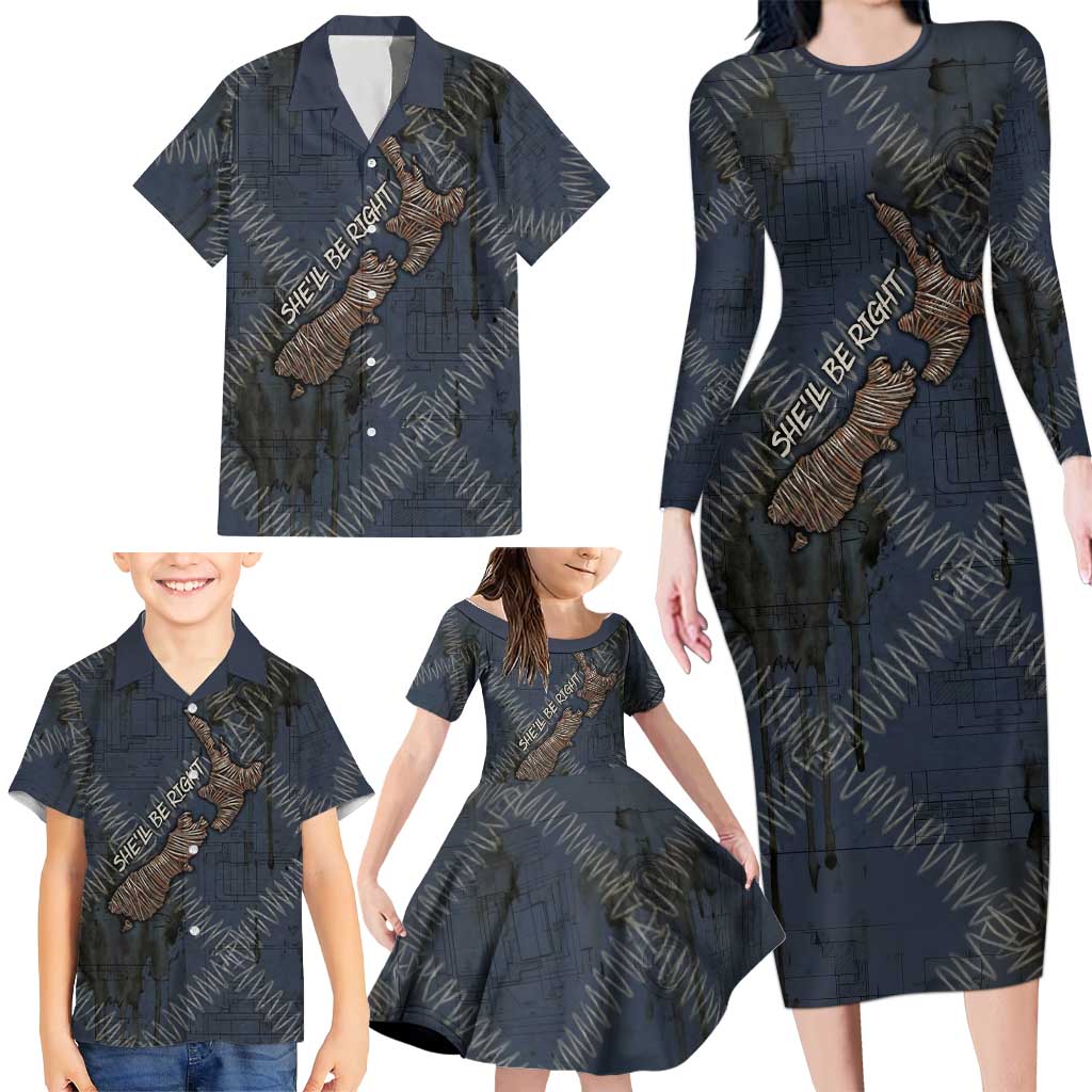 New Zealand She’ll Be Right Family Matching Long Sleeve Bodycon Dress and Hawaiian Shirt NZ Slang No. 8 Wire Map Pattern