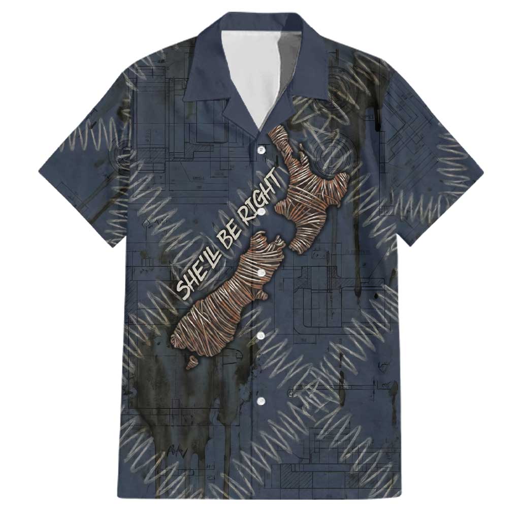 New Zealand She’ll Be Right Family Matching Long Sleeve Bodycon Dress and Hawaiian Shirt NZ Slang No. 8 Wire Map Pattern
