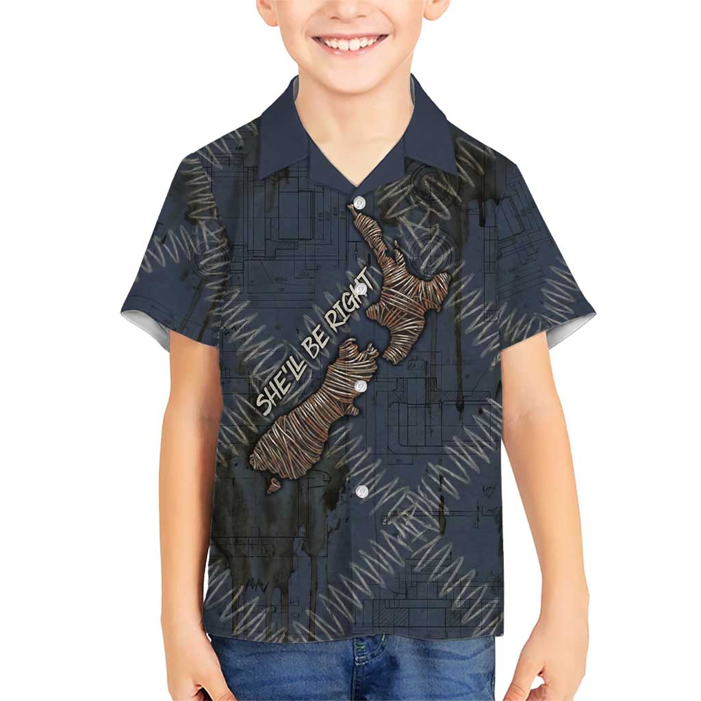 New Zealand She’ll Be Right Family Matching Long Sleeve Bodycon Dress and Hawaiian Shirt NZ Slang No. 8 Wire Map Pattern