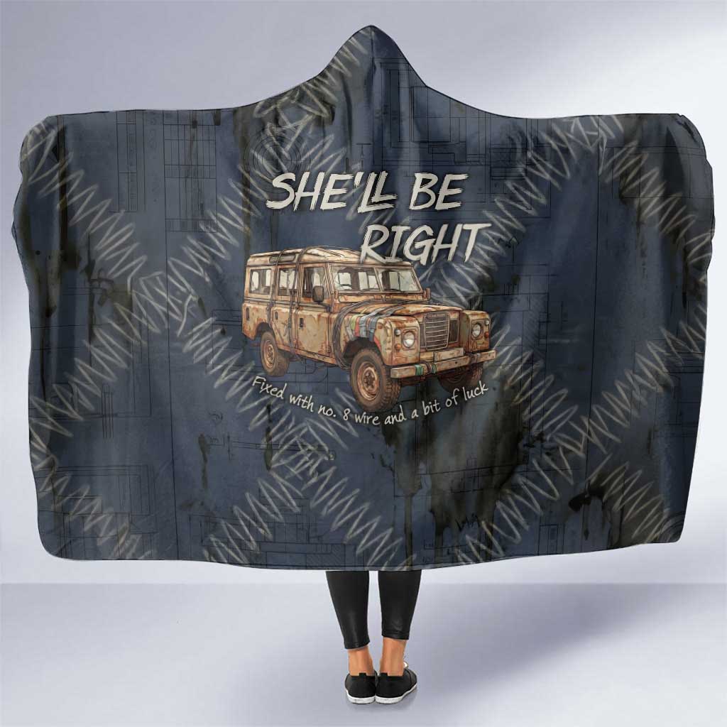 New Zealand She’ll Be Right Hooded Blanket NZ Slang No. 8 Wire Map Pattern TS04 One Size Navy Slate - Polynesian Pride