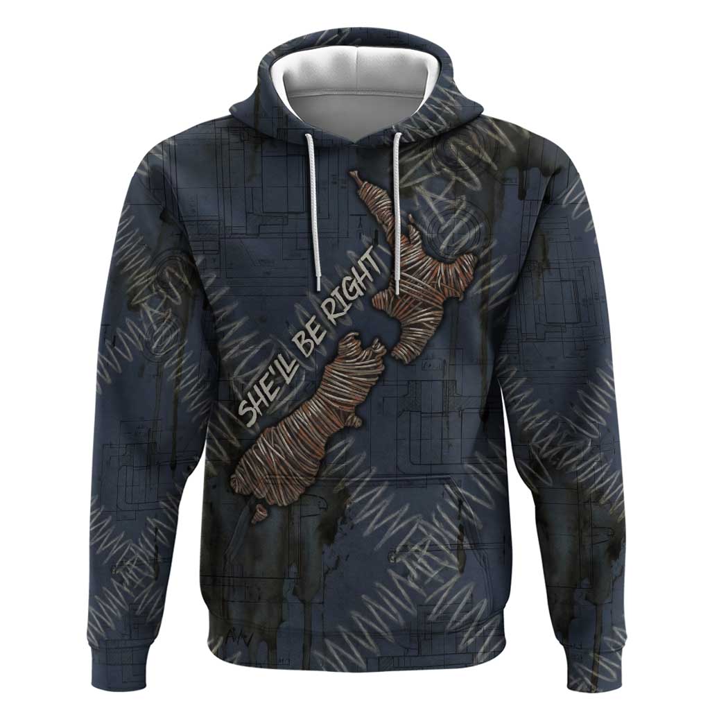 New Zealand She’ll Be Right Hoodie NZ Slang No. 8 Wire Map Pattern