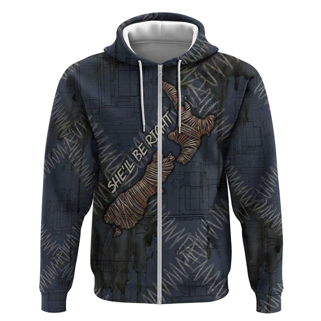 New Zealand She’ll Be Right Hoodie NZ Slang No. 8 Wire Map Pattern