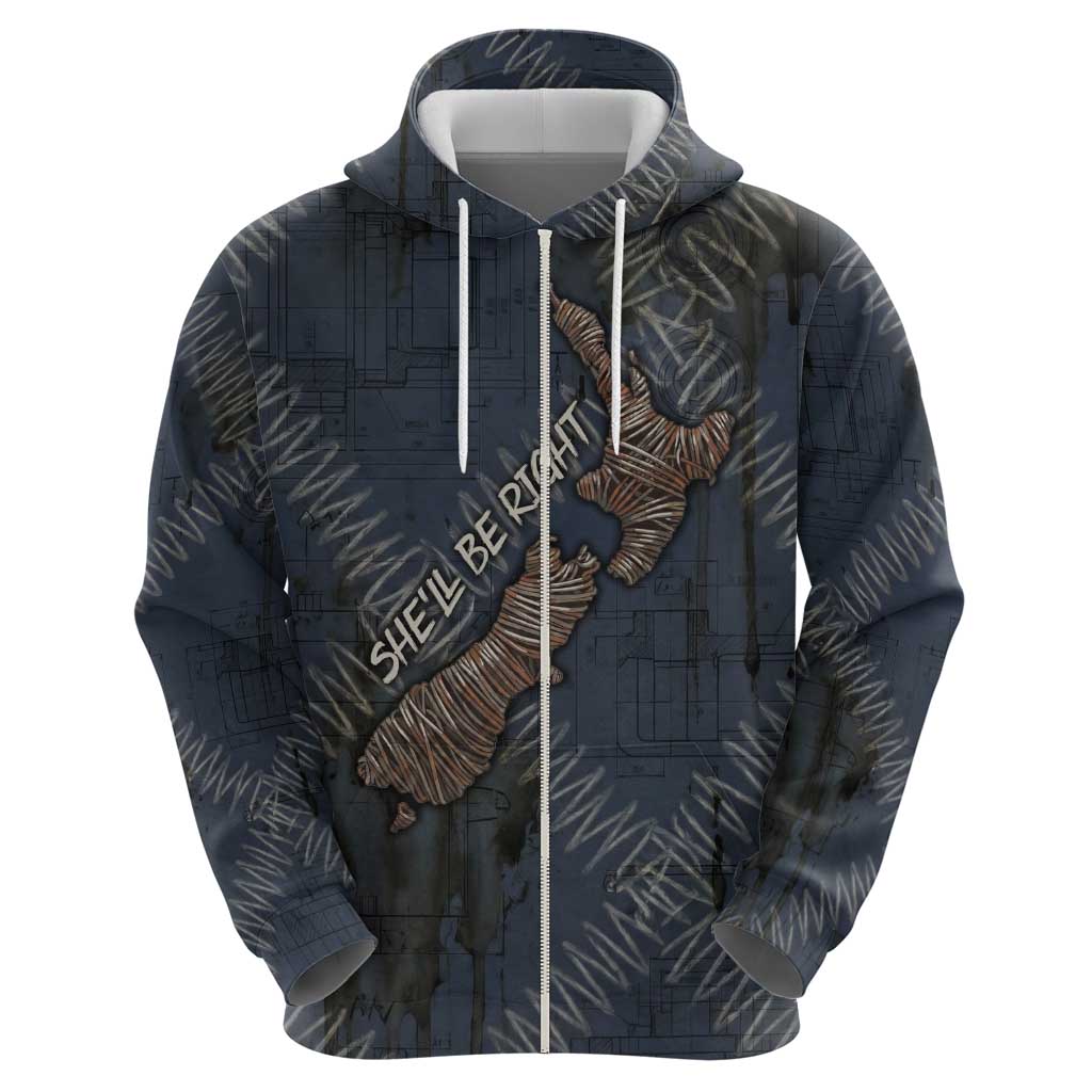 New Zealand She’ll Be Right Hoodie NZ Slang No. 8 Wire Map Pattern