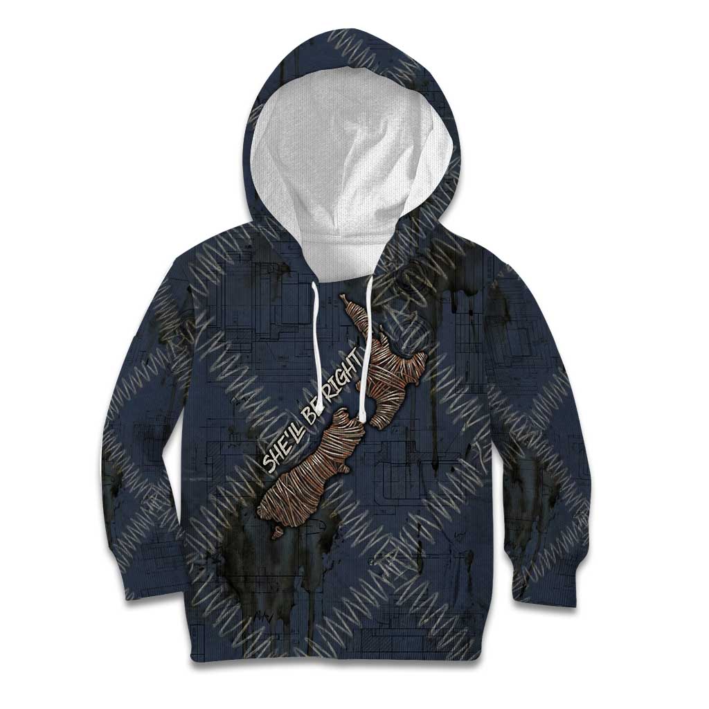 New Zealand She’ll Be Right Kid Hoodie NZ Slang No. 8 Wire Map Pattern TS04 Hoodie Navy Slate - Polynesian Pride