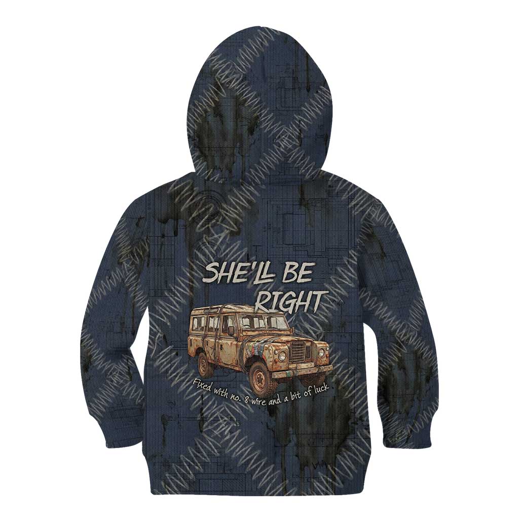 New Zealand She’ll Be Right Kid Hoodie NZ Slang No. 8 Wire Map Pattern TS04 - Polynesian Pride
