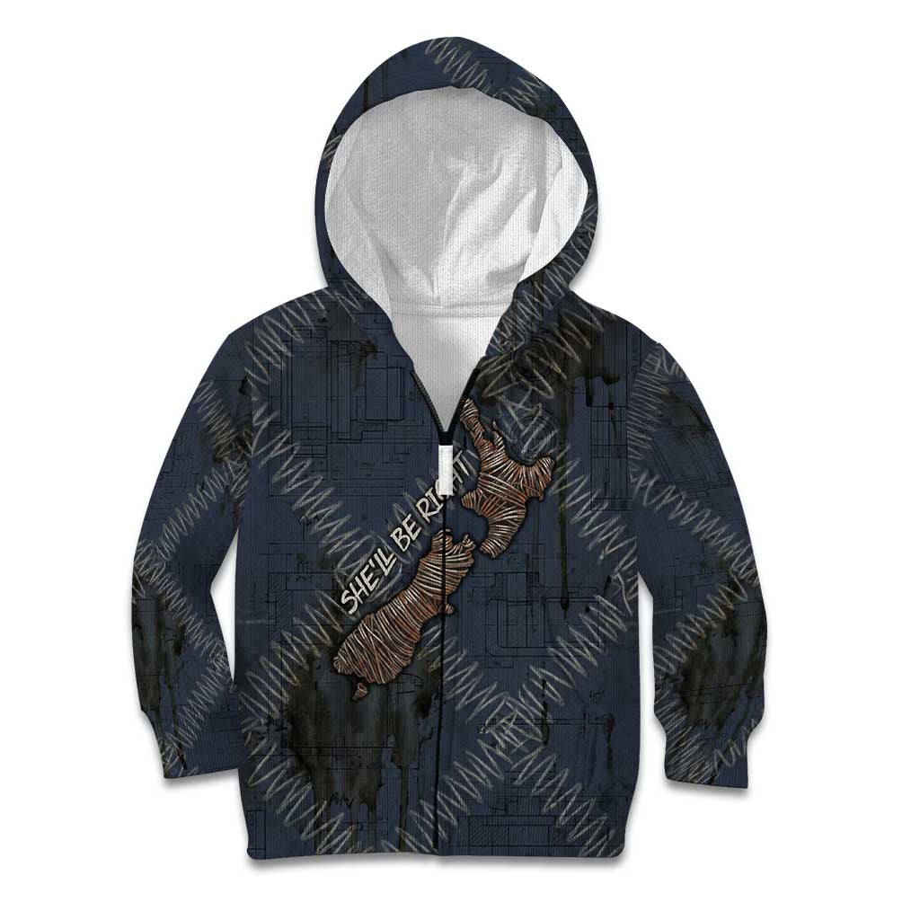 New Zealand She’ll Be Right Kid Hoodie NZ Slang No. 8 Wire Map Pattern TS04 Zip Hoodie Navy Slate - Polynesian Pride