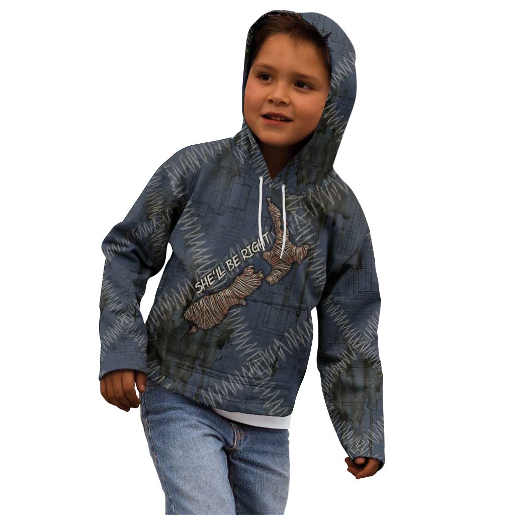 New Zealand She’ll Be Right Kid Hoodie NZ Slang No. 8 Wire Map Pattern TS04 - Polynesian Pride