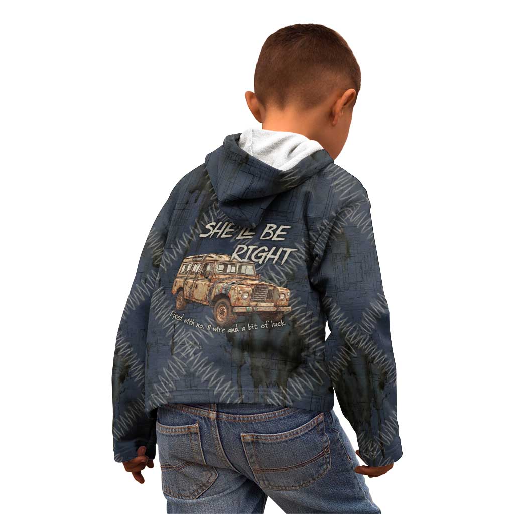 New Zealand She’ll Be Right Kid Hoodie NZ Slang No. 8 Wire Map Pattern TS04 - Polynesian Pride