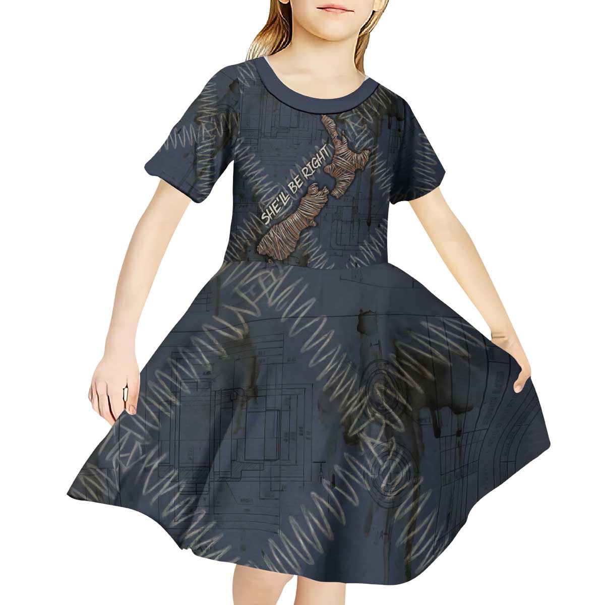 New Zealand She’ll Be Right Kid Short Sleeve Dress NZ Slang No. 8 Wire Map Pattern TS04 - Polynesian Pride