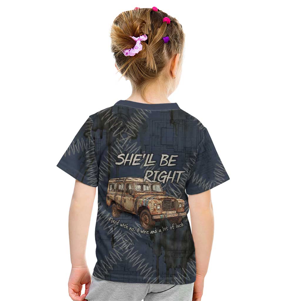 New Zealand She’ll Be Right Kid T Shirt NZ Slang No. 8 Wire Map Pattern TS04 - Polynesian Pride