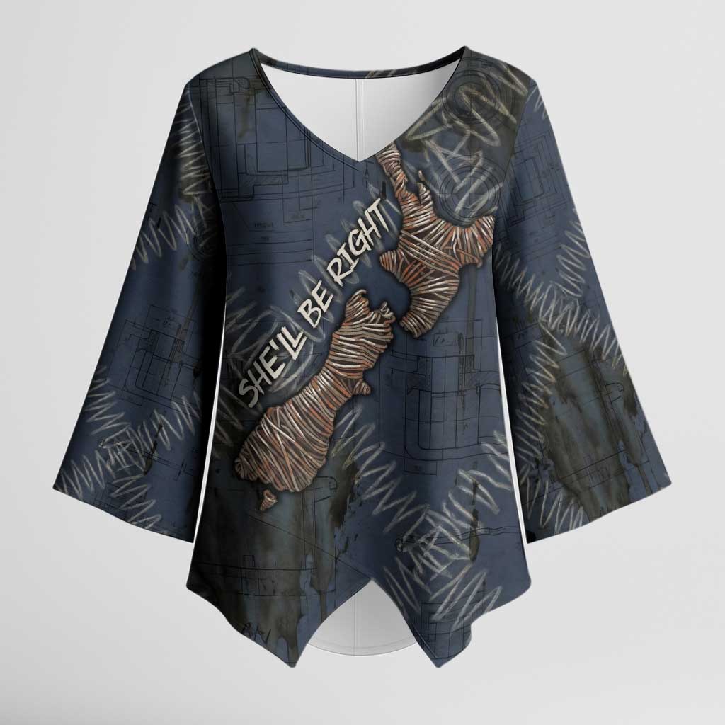 New Zealand She’ll Be Right Kimono Sleeve Blouse NZ Slang No. 8 Wire Map Pattern TS04 Female Navy Slate - Polynesian Pride