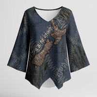 New Zealand She’ll Be Right Kimono Sleeve Blouse NZ Slang No. 8 Wire Map Pattern TS04 Female Navy Slate - Polynesian Pride