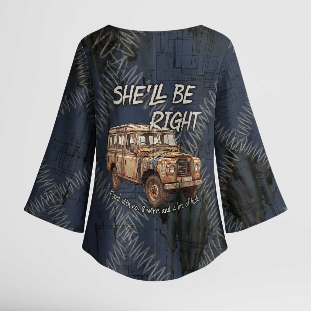 New Zealand She’ll Be Right Kimono Sleeve Blouse NZ Slang No. 8 Wire Map Pattern TS04 - Polynesian Pride