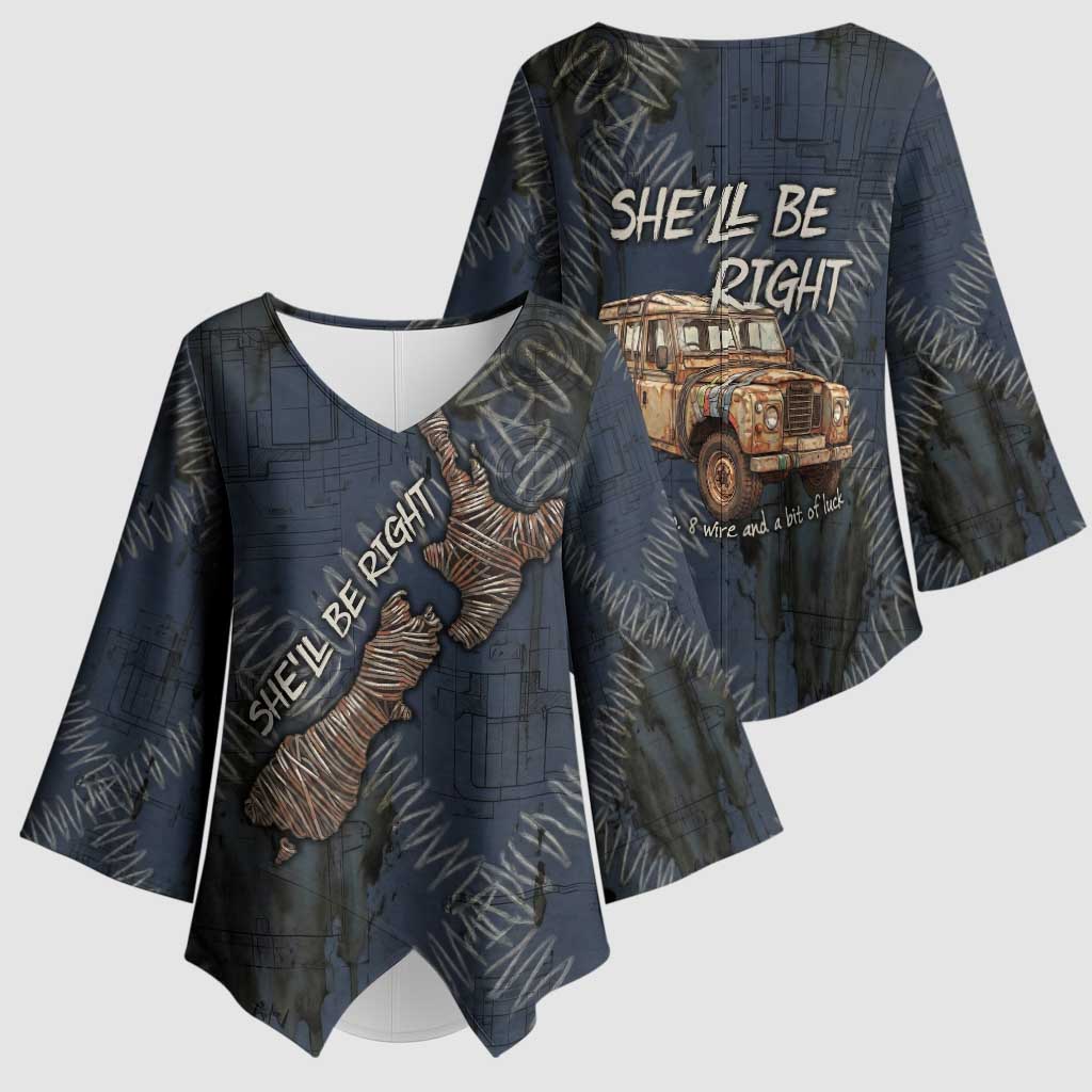 New Zealand She’ll Be Right Kimono Sleeve Blouse NZ Slang No. 8 Wire Map Pattern TS04 - Polynesian Pride