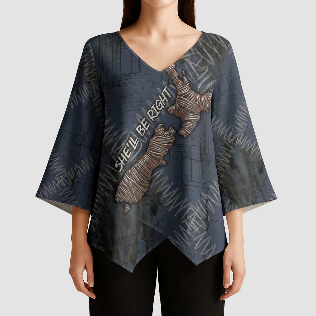 New Zealand She’ll Be Right Kimono Sleeve Blouse NZ Slang No. 8 Wire Map Pattern TS04 - Polynesian Pride