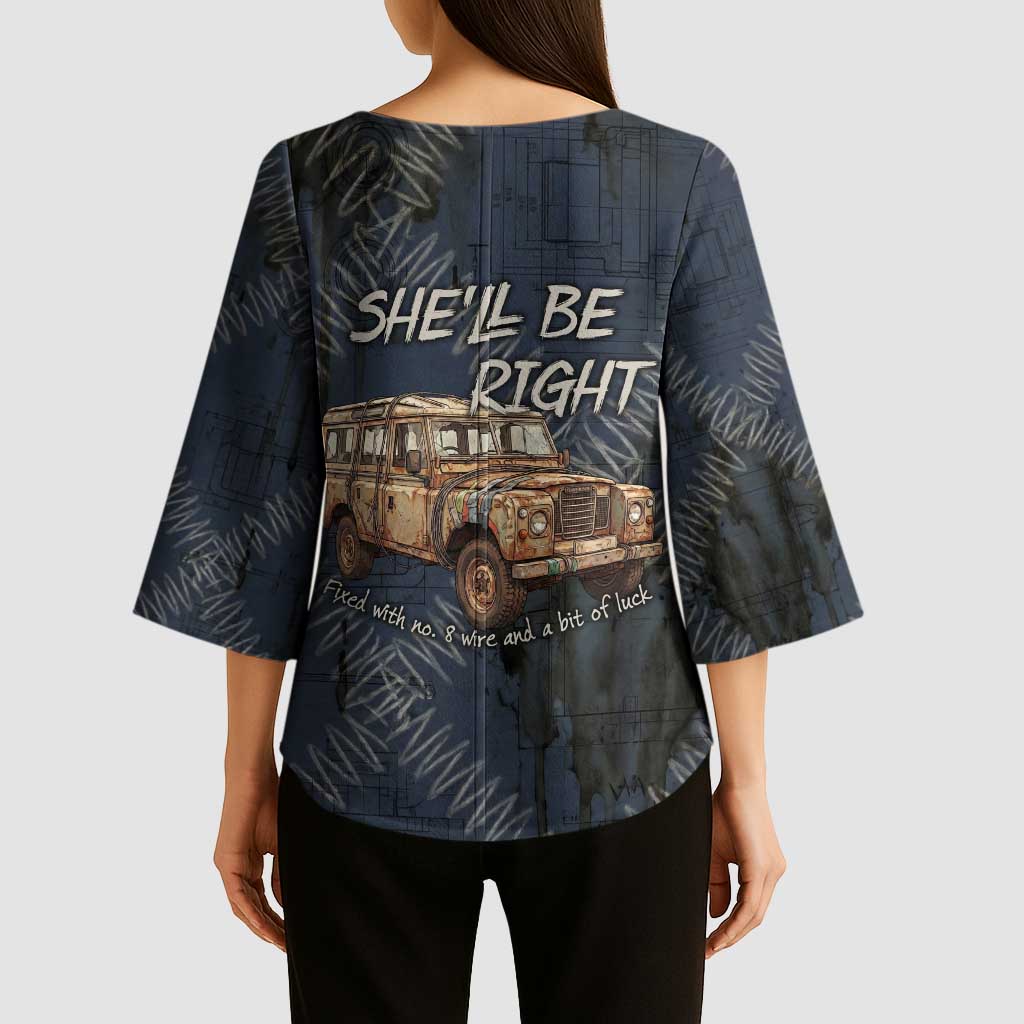 New Zealand She’ll Be Right Kimono Sleeve Blouse NZ Slang No. 8 Wire Map Pattern TS04 - Polynesian Pride
