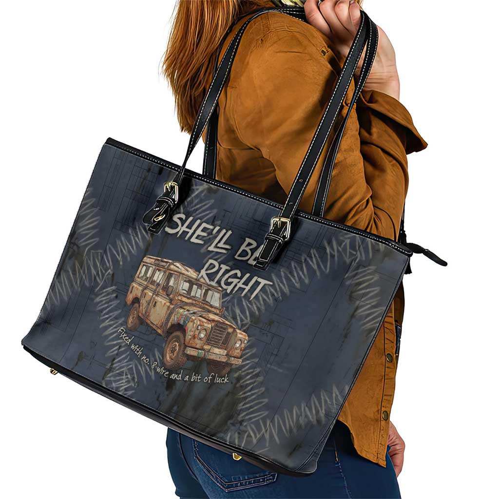 New Zealand She’ll Be Right Leather Tote Bag NZ Slang No. 8 Wire Map Pattern TS04 - Polynesian Pride