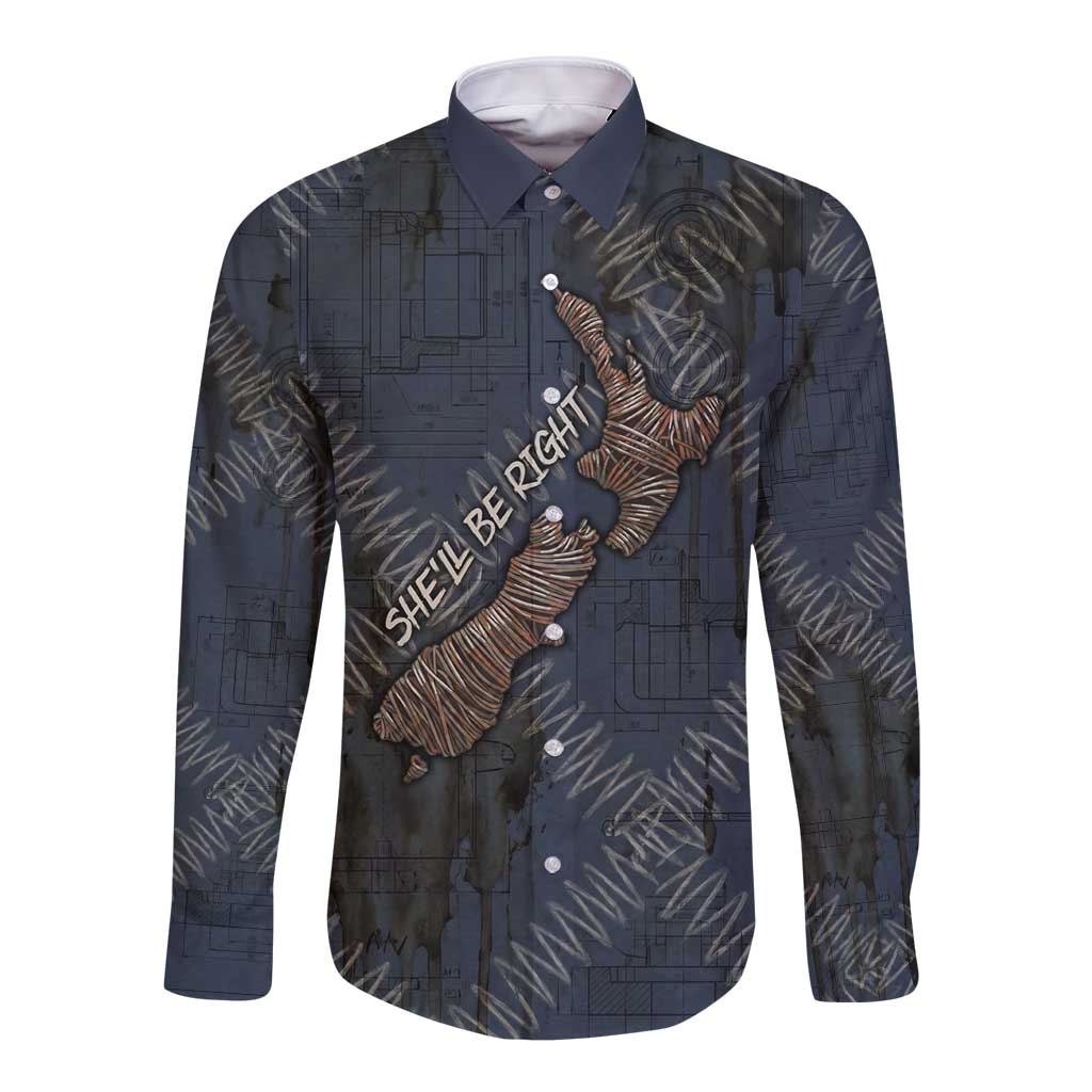 New Zealand She’ll Be Right Long Sleeve Button Shirt NZ Slang No. 8 Wire Map Pattern