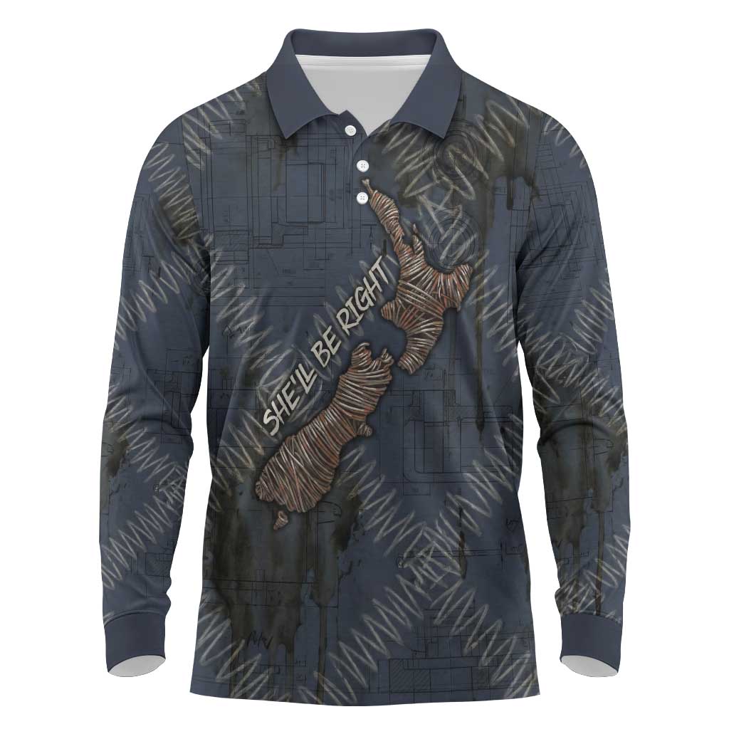 New Zealand She’ll Be Right Long Sleeve Polo Shirt NZ Slang No. 8 Wire Map Pattern TS04 Navy Slate - Polynesian Pride