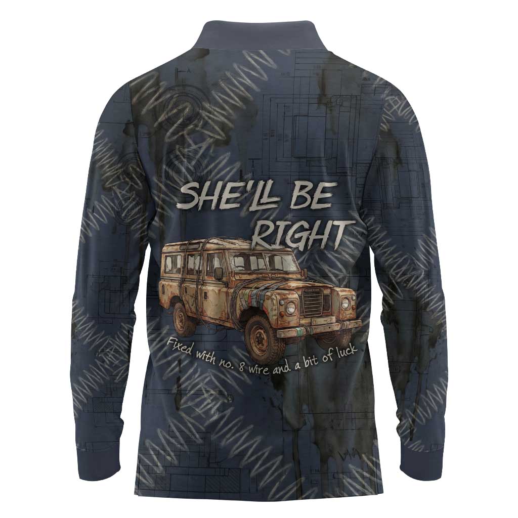 New Zealand She’ll Be Right Long Sleeve Polo Shirt NZ Slang No. 8 Wire Map Pattern TS04 - Polynesian Pride
