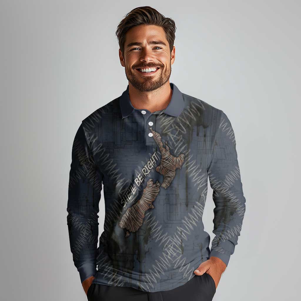 New Zealand She’ll Be Right Long Sleeve Polo Shirt NZ Slang No. 8 Wire Map Pattern TS04 - Polynesian Pride