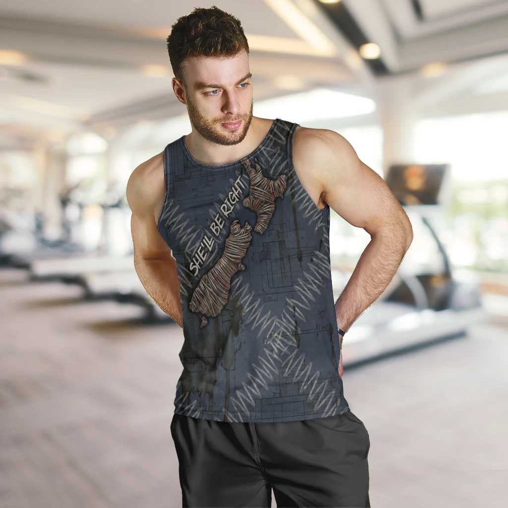 New Zealand She’ll Be Right Men Tank Top NZ Slang No. 8 Wire Map Pattern TS04 Navy Slate - Polynesian Pride