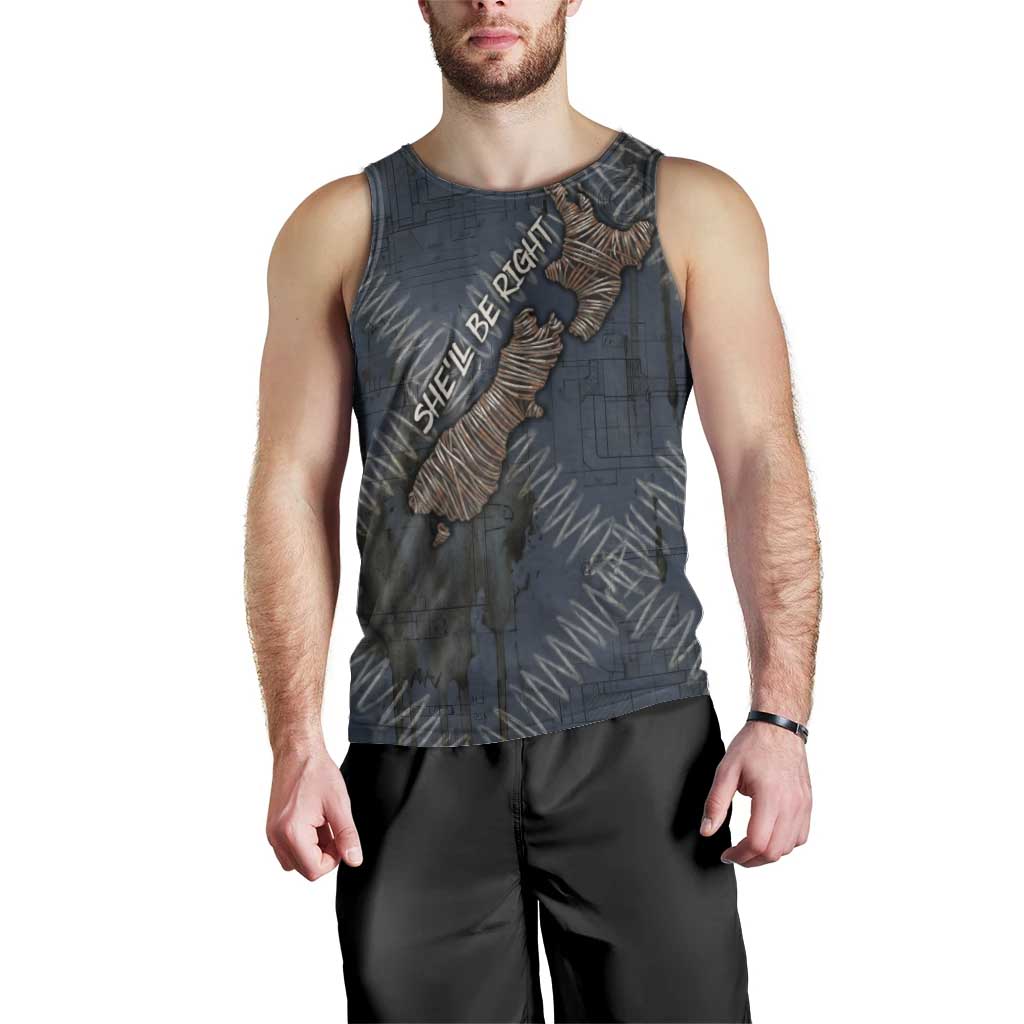 New Zealand She’ll Be Right Men Tank Top NZ Slang No. 8 Wire Map Pattern TS04 - Polynesian Pride