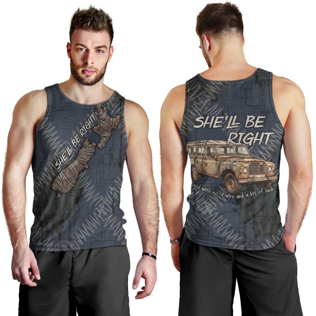 New Zealand She’ll Be Right Men Tank Top NZ Slang No. 8 Wire Map Pattern TS04 - Polynesian Pride