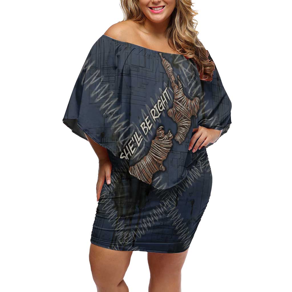 New Zealand She’ll Be Right Off Shoulder Short Dress NZ Slang No. 8 Wire Map Pattern TS04 Women Navy Slate - Polynesian Pride