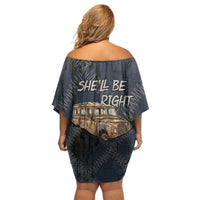 New Zealand She’ll Be Right Off Shoulder Short Dress NZ Slang No. 8 Wire Map Pattern TS04 - Polynesian Pride