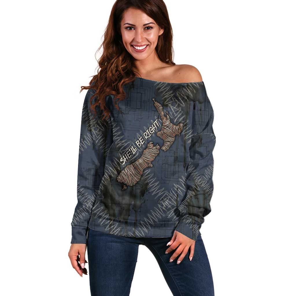 New Zealand She’ll Be Right Off Shoulder Sweater NZ Slang No. 8 Wire Map Pattern TS04 Women Navy Slate - Polynesian Pride