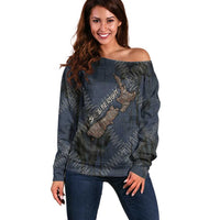 New Zealand She’ll Be Right Off Shoulder Sweater NZ Slang No. 8 Wire Map Pattern TS04 Women Navy Slate - Polynesian Pride
