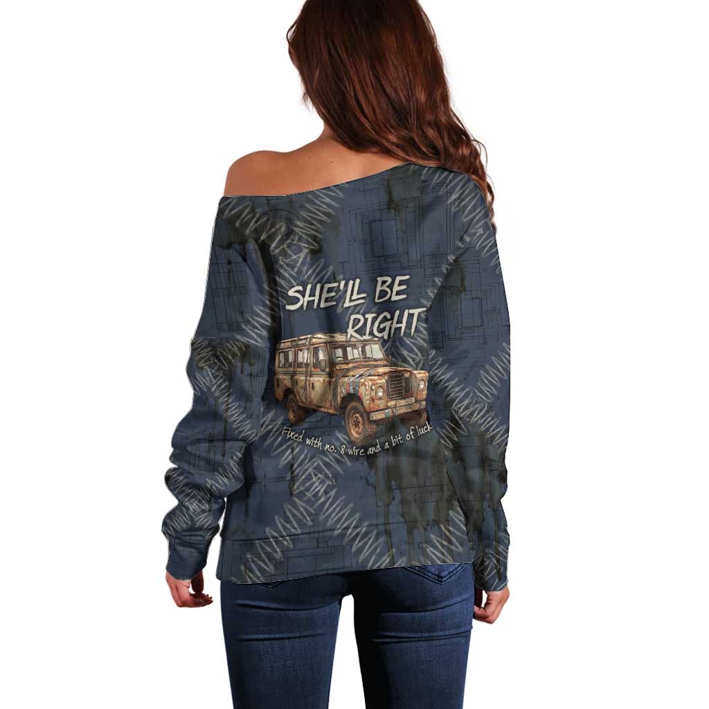 New Zealand She’ll Be Right Off Shoulder Sweater NZ Slang No. 8 Wire Map Pattern TS04 - Polynesian Pride