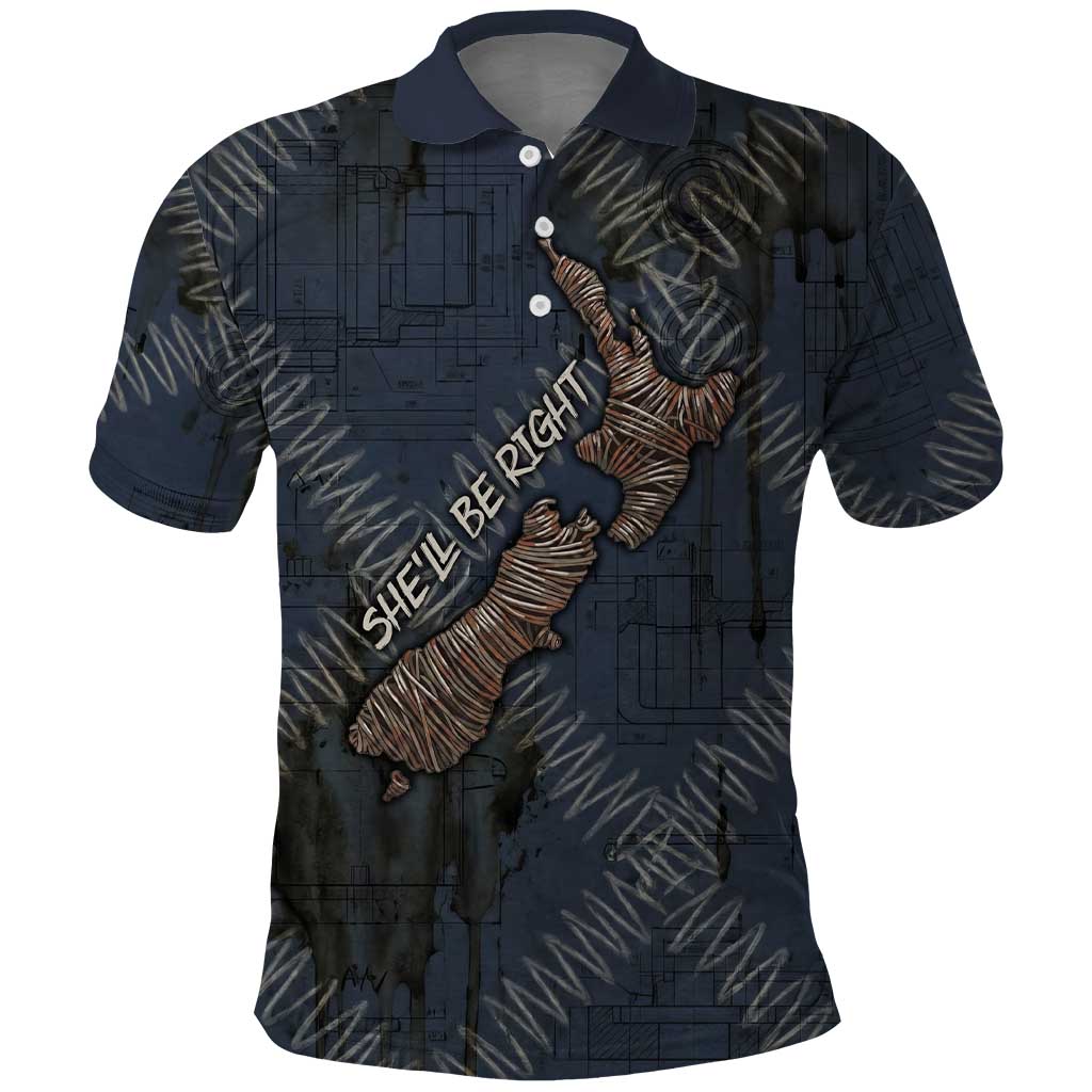 New Zealand She’ll Be Right Polo Shirt NZ Slang No. 8 Wire Map Pattern TS04 Navy Slate - Polynesian Pride