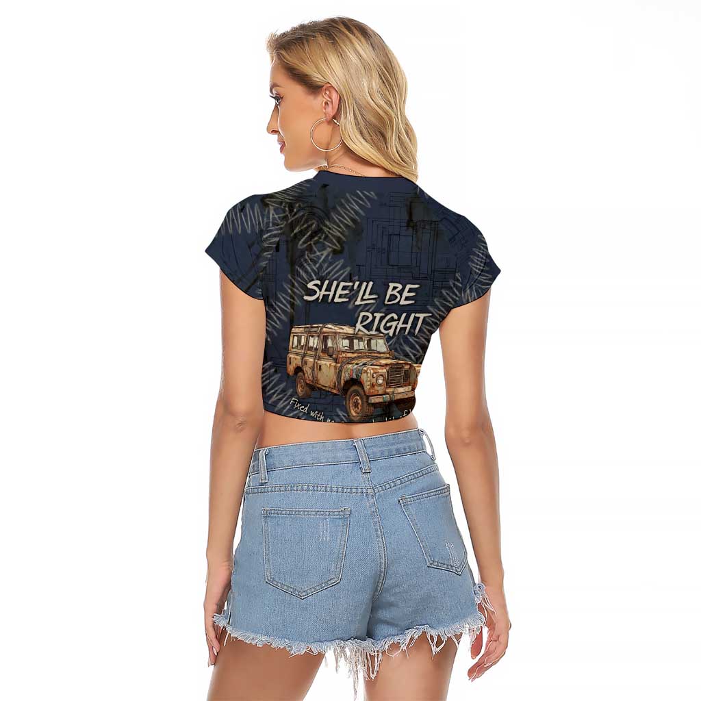 New Zealand She’ll Be Right Raglan Cropped T Shirt NZ Slang No. 8 Wire Map Pattern