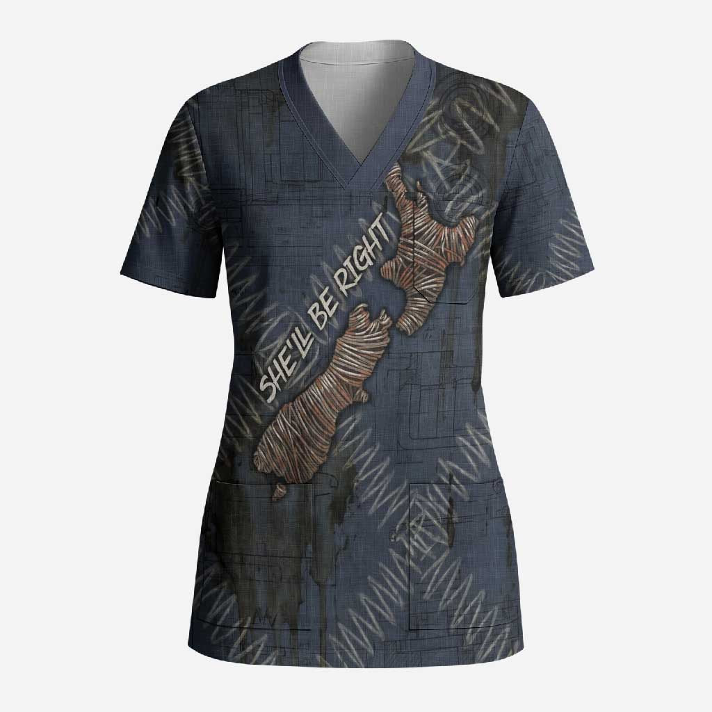New Zealand She’ll Be Right Scrub Top NZ Slang No. 8 Wire Map Pattern TS04 Adult Navy Slate - Polynesian Pride