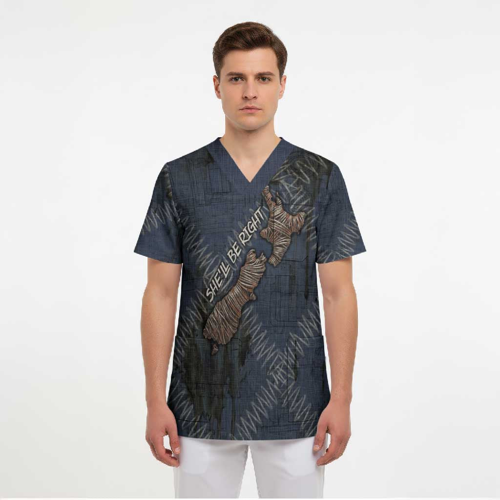 New Zealand She’ll Be Right Scrub Top NZ Slang No. 8 Wire Map Pattern TS04 - Polynesian Pride