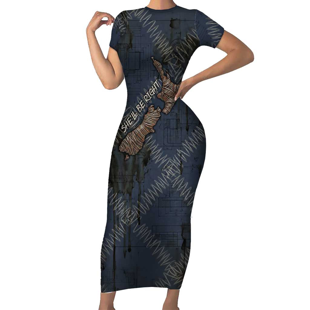 New Zealand She’ll Be Right Short Sleeve Bodycon Dress NZ Slang No. 8 Wire Map Pattern TS04 Long Dress Navy Slate - Polynesian Pride